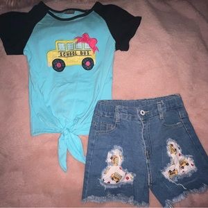 School Bus Set. Size L (5/6T). Denim shorts and shirt. Preloved. Worn once.